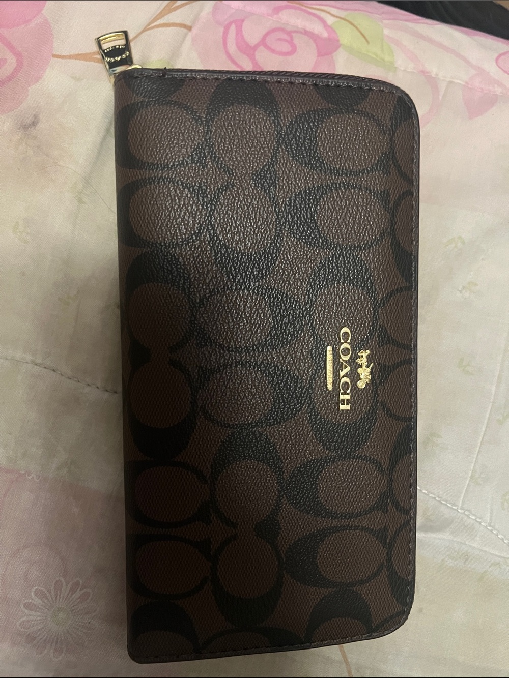 Coach Brown Signature Zip Around Wallet with Gold Logo